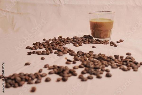Obraz isolated, brown, roasted, beans, closeup, background, flat lay, top of view, backdrop, space, brew, morning, aromatic, natural, roast, pastel, drip, enjoyment, cut out, idea, shadow, shiny, cafe, arab