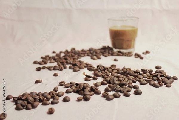 Obraz isolated, brown, roasted, beans, closeup, background, flat lay, top of view, backdrop, space, brew, morning, aromatic, natural, roast, pastel, drip, enjoyment, cut out, idea, shadow, shiny, cafe, arab