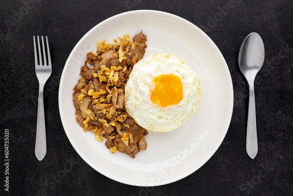Obraz Khao Moo Tod Kratiam Kai Dao, Thai food, streamed rice topped with fried pork with garlic and fried egg in ceramic plate beside fork and spoon on dark tone texture background