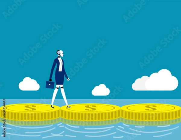 Obraz Robot walking on money. Artificial intelligence financial concept