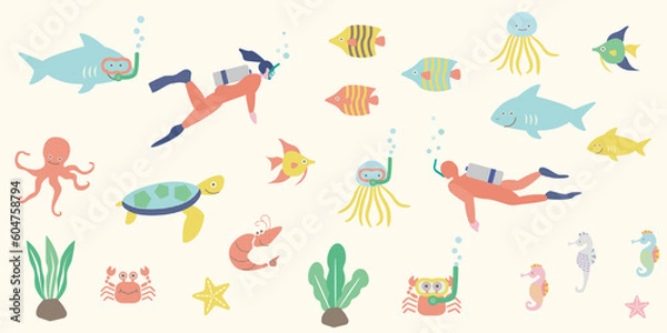 Obraz 熱帯魚やウミガメやエビなどの海の生き物とスキューバダイビングをするカップルのイラスト
