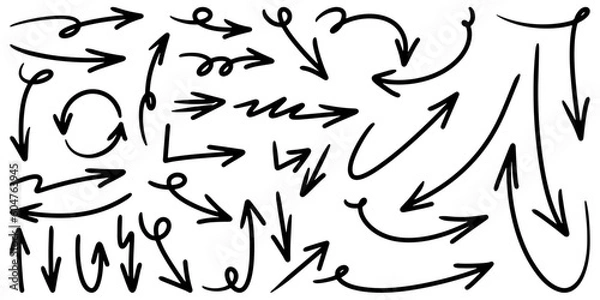 Fototapeta Set of Hand drawn vector arrows doodle on white background. design element vector illustration.