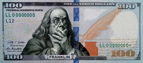 Fototapeta A humorous portrait, a parody of a hundred-dollar bill of the United States with a surprised portrait of Franklin.