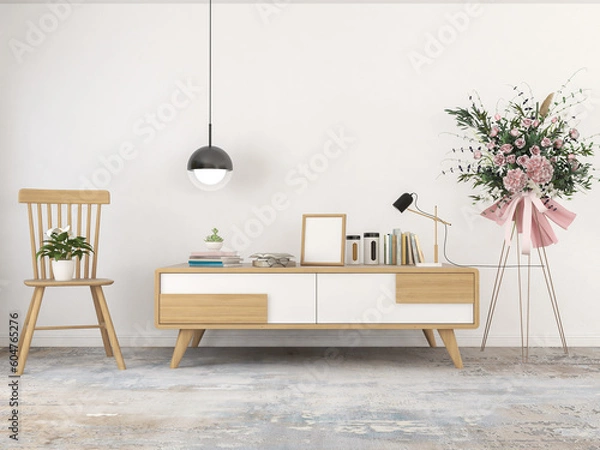 Fototapeta living room interior with wooden sideboard 3D rendering