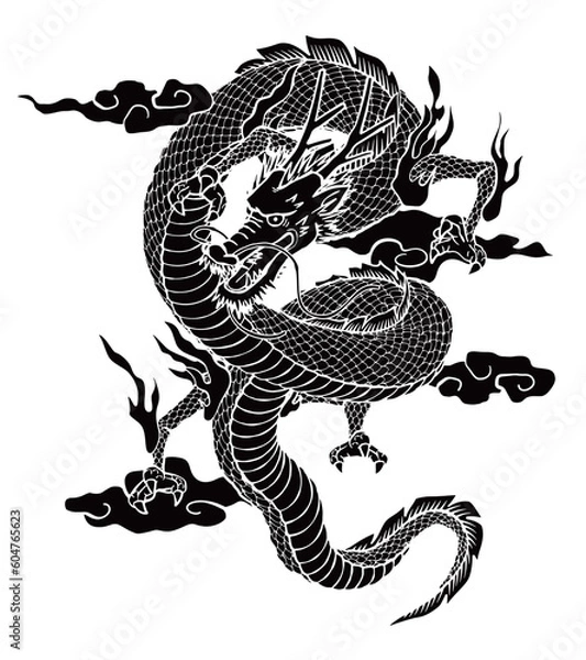 Obraz 和風の竜のイラスト（モノクロ）