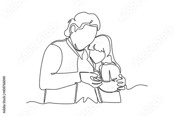 Fototapeta Continuous one line drawing grandparent with children and grandchildren. Grandparents day concept. Single line draw design vector graphic illustration.