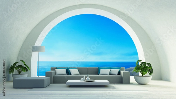 Obraz Beach Luxury Living Room - Santorini island style - 3D rendering