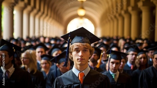 Fototapeta Students from different universities stand next to graduates. students in formal attire for graduation Student holding certificate with both hands and showing achievement. GENERATE AI