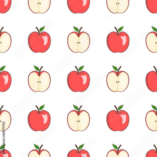 Fototapeta Seamless pattern of whole and sliced apples with a white background is perfect for creative print needs