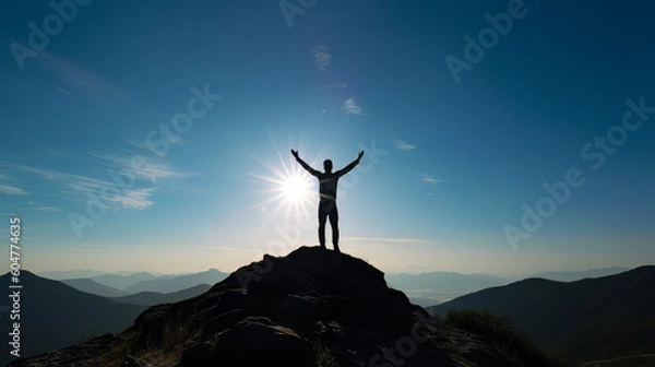 Obraz Silhouette of businessman celebrating raising arms on the top of mountain with over blue sky and sunlight.concept of leadership successful achievement with goal,growth,up,win and objective target