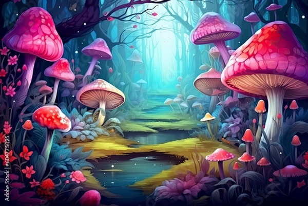 Obraz fantastic wonderland landscape with mushrooms, beautiful old castle.AI Generative
