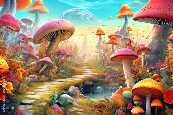 Obraz fantastic wonderland landscape with mushrooms, beautiful old castle.AI Generative