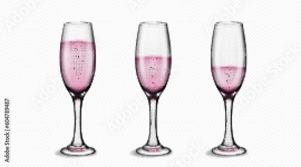 Fototapeta Flute glass with rose pink bubble wine isolated vector on transparent background. Realistic wedding party sparkling prosecco wineglass toast. Luxury goblet with stem grape drink illustration design