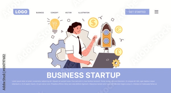 Fototapeta Business startup. Entrepreneur launches new project, analyzes growth and success of his company. Website, template, landing page. Vector characters flat cartoon illustration.