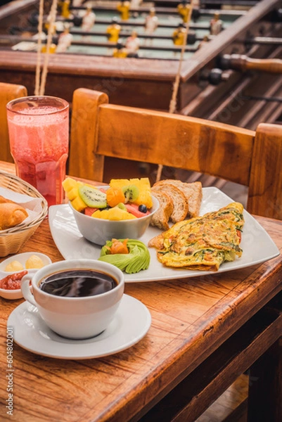 Obraz Desayuno de frutas con huevos revueltos