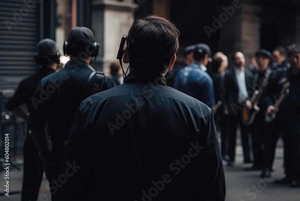 Fototapeta Security Guard In Black Standing With His Back To An Outoffocus Scene With Musicians. Generative AI