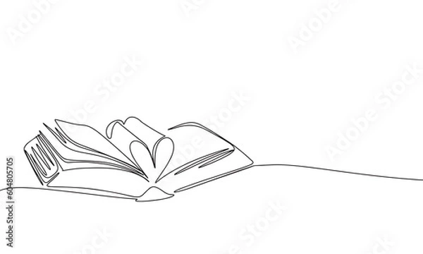 Fototapeta Open book with page as heart. One line continuous symbol heart. Line art, outline, single line silhouette. Hand drawn vector illustration. 