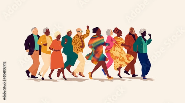 Fototapeta Group of happy elderly woman and man dancing together, friendship between people with different skin color, activity in a team, generative AI