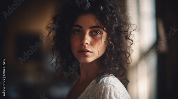 Fototapeta portrait of a beautiful young female Israeli model with curly hair . generative AI