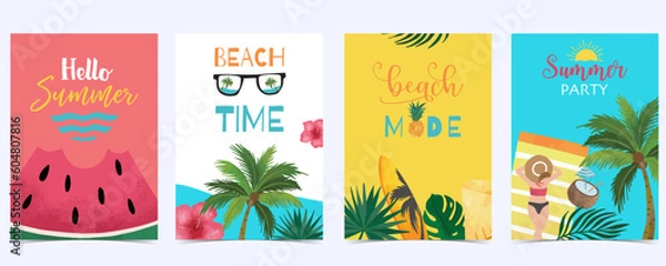 Fototapeta Collection of summer background set with beach,watermelon,sea.Editable vector illustration for invitation,postcard and website banner