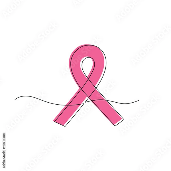 Fototapeta Pink ribbon drawn in one continuous line. National Breast Cancer Awareness month. One line drawing, minimalism. Vector illustration.