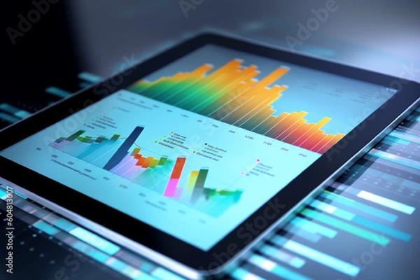 Fototapeta Digital online technology, businessman and tablet analyzing sales marketing data growth and economic and financial growth chart by generative AI.
