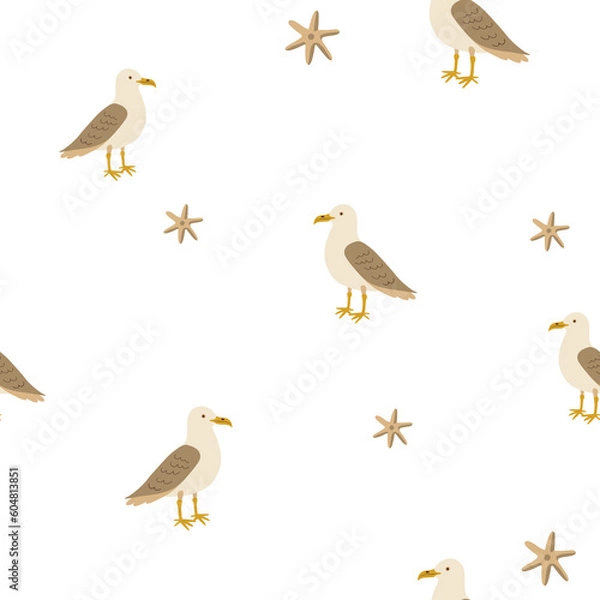 Fototapeta Marine seamless pattern with seagulls and starfish