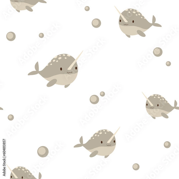 Fototapeta Marine pattern with narwhals and bubbles