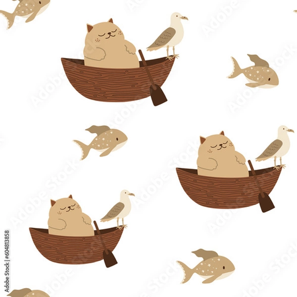 Fototapeta cute nursery pattern with cat on a boat with seagull and fish