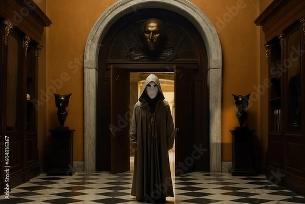 Fototapeta Masked figure standing at the entrance of a secret society, capturing the secrecy and exclusivity. Generative Ai