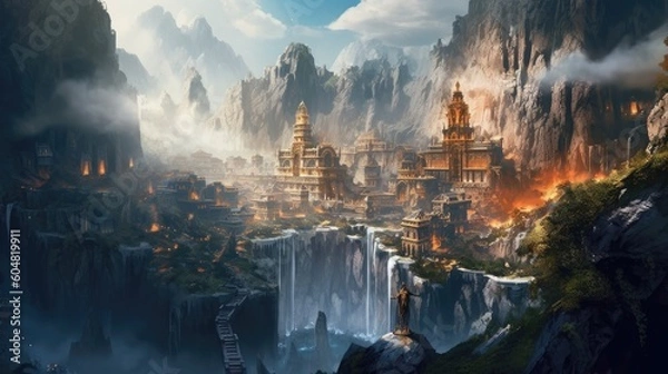 Fototapeta Landscape of Medieval Fantasy City Surrounded By Mountains Generative AI