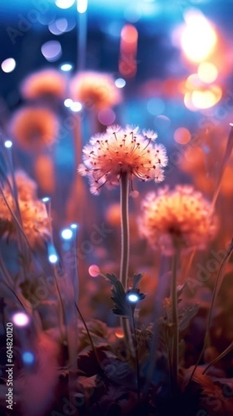 Fototapeta Dandelions in the dew in the morning sun
