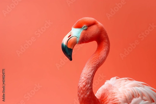 Fototapeta Flamingo head over orange background. Generative ai 