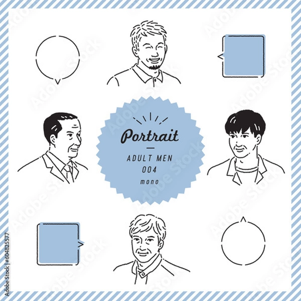 Obraz 年配男性の表情ポートレート線画イラストセット（モノクロ）