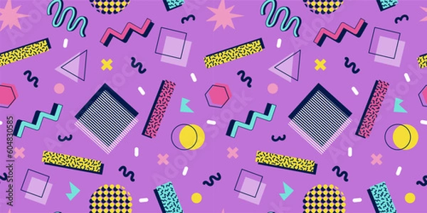Fototapeta Abstract seamless pattern 80s 90s with geometric shapes in the Memphis style. Vector retro hipster print