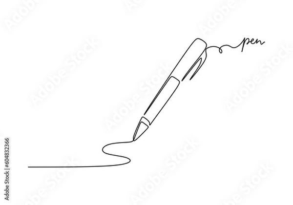Fototapeta Pen - School education object, one line drawing continuous design, vector illustration.
