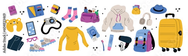 Fototapeta Travel bag and accessories set for tourists. A set of things for traveling and holidays. Suitcase, backpack, clothes, cosmetics, shoes, passport. Flat vector illustration isolated on white background