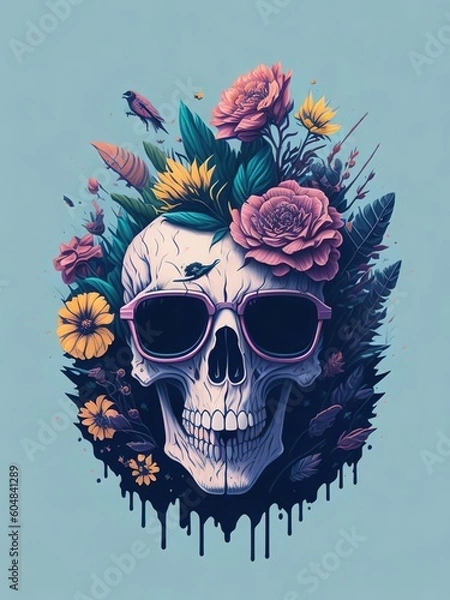 Fototapeta Dead Skull wearing trendy sunglasses with flowers. Human skull with horns, retro floral t-shirt design. AI generative