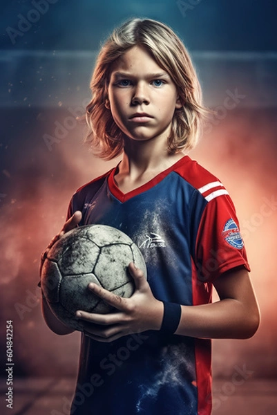 Fototapeta Hero-Shot eines 12-jährigen angespannt schauenden blonden jugendlichen Handballspieler in einem rot-blauen Trikot hält einen Handball in der Hand - AI-generated