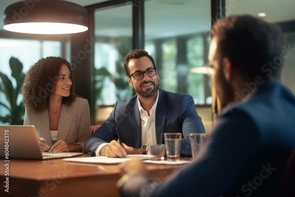 Fototapeta A financial advisor meeting with clients in an office, discussing finances, mortgages, and investing strategies. Reflects personal financial management and advisory services, generative ai