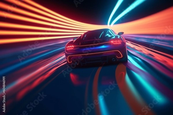 Fototapeta High speed Car on a racetrack, with a trail of neon lights following its path, symbolizing speed, performance, and a futuristic aesthetic. Generative AI