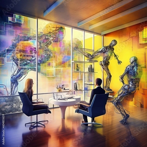 Fototapeta Modern Office with Abstract Lighting, Minimalist, Large Windows