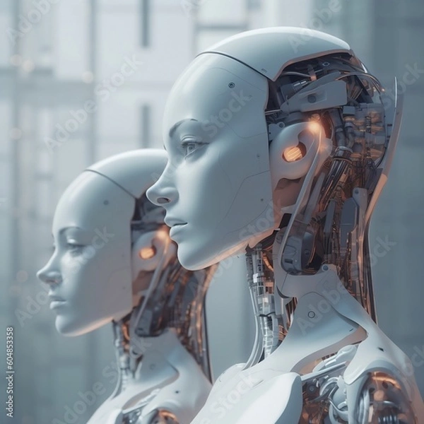 Fototapeta Artificial Intelligence Robot Head Face, Monotone Background, Future Technology, Science, Futuristic, Cyborg, Android