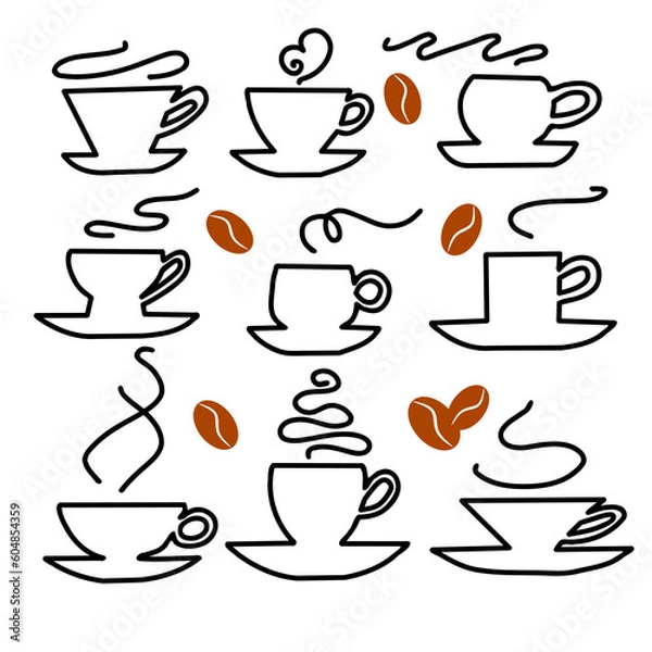 Fototapeta set of different cups of coffee, aroma of coffee, drink, steam
