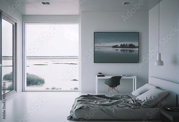 Fototapeta Bright bedroom with a river view - IA generative