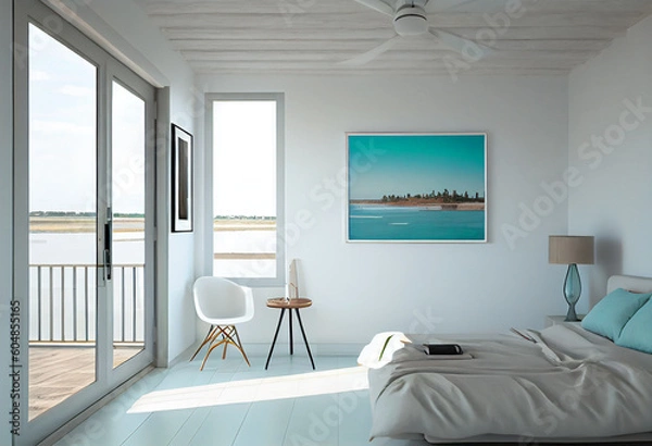 Fototapeta Bright bedroom with a river view - IA generative