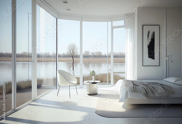 Fototapeta Bright bedroom with a river view - IA generative