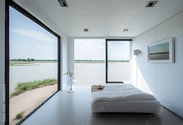 Fototapeta Bright bedroom with a river view - IA generative