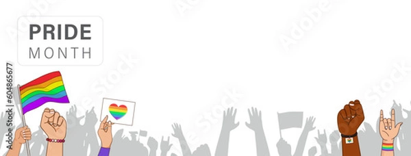 Fototapeta Pride month celebration banner background with rainbow color signs and fists representing gay rights