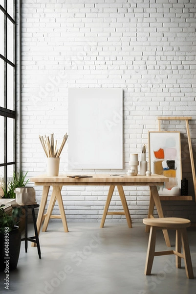 Fototapeta Creative Exploration: Vibrant Art Studio Setting Features Blank White Mockup Frame